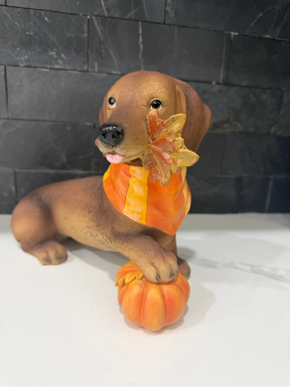 Autumn Dachshund Dog Figurine with Orange Scarf and Pumpkin